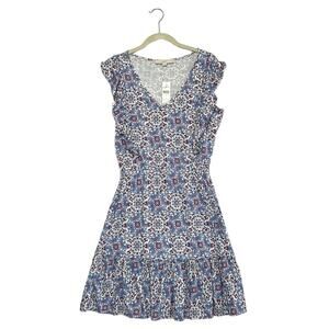 LOFT Medallion Ruffle Flare Dress NWT Women's Sz S Blue White Flowy Stretch